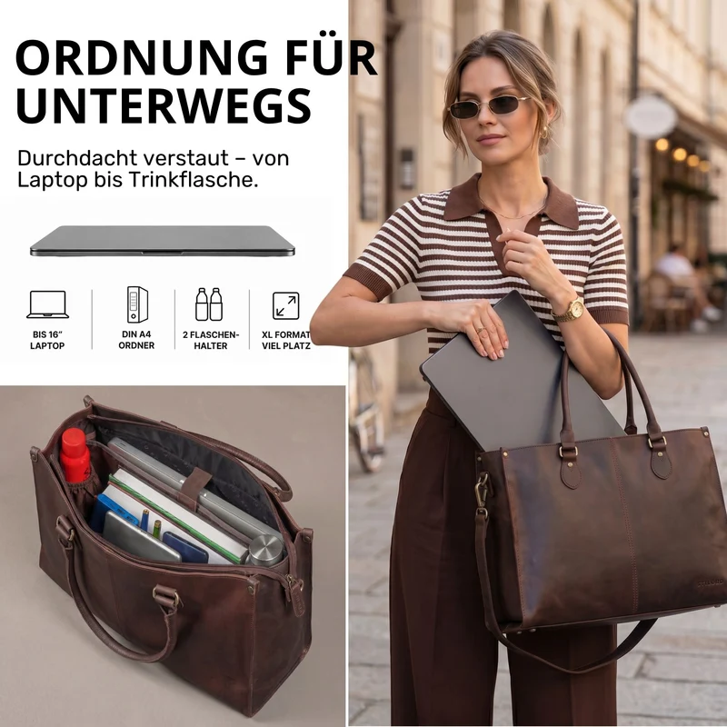 "Betina" Leder Shopper Tasche Damen Groß 15,6 - 16 Zoll Laptopfach