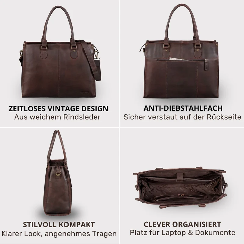 "Betina" Leder Shopper Tasche Damen Groß 15,6 - 16 Zoll Laptopfach