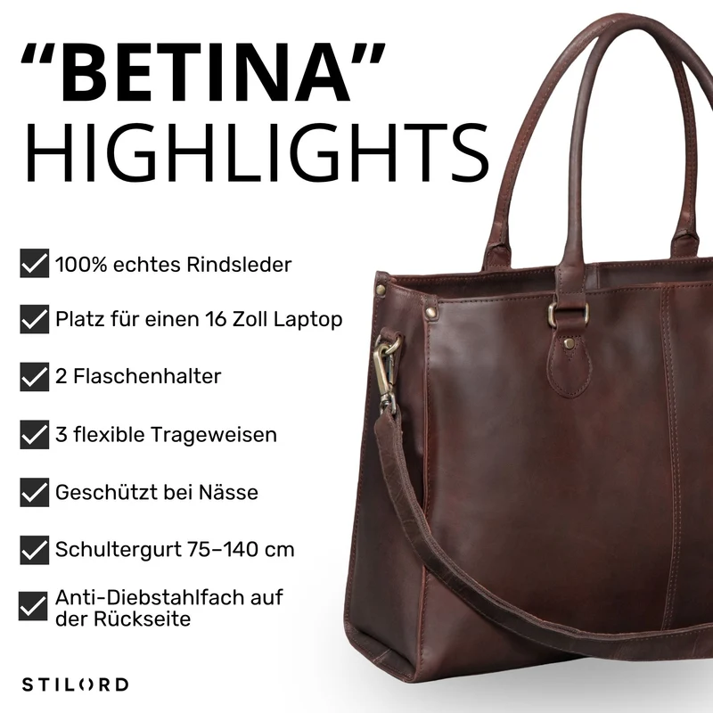 "Betina" Leder Shopper Tasche Damen Groß 15,6 - 16 Zoll Laptopfach