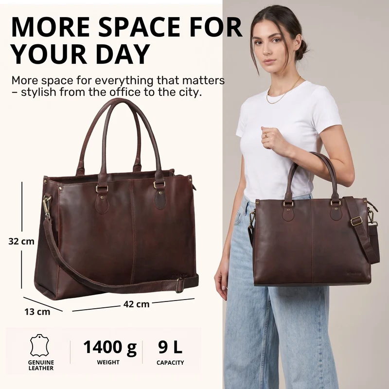 "Betina" Leder Shopper Tasche Damen Groß 15,6 - 16 Zoll Laptopfach
