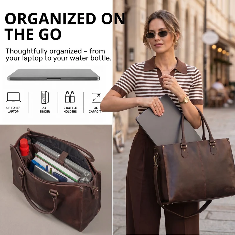 "Betina" Leder Shopper Tasche Damen Groß 15,6 - 16 Zoll Laptopfach
