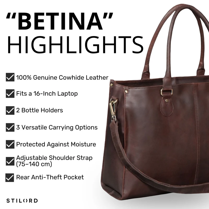 "Betina" Leder Shopper Tasche Damen Groß 15,6 - 16 Zoll Laptopfach