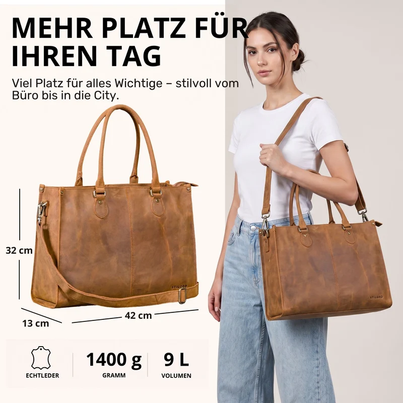 "Betina" Leder Shopper Tasche Damen Groß 15,6 - 16 Zoll Laptopfach