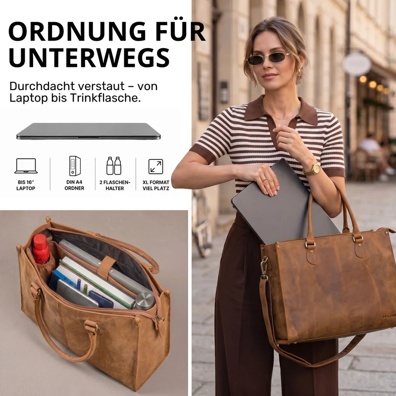 "Betina" Leder Shopper Tasche Damen Groß 15,6 - 16 Zoll Laptopfach