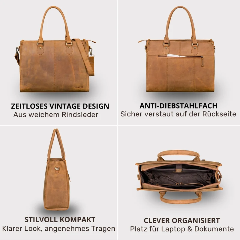 "Betina" Leder Shopper Tasche Damen Groß 15,6 - 16 Zoll Laptopfach