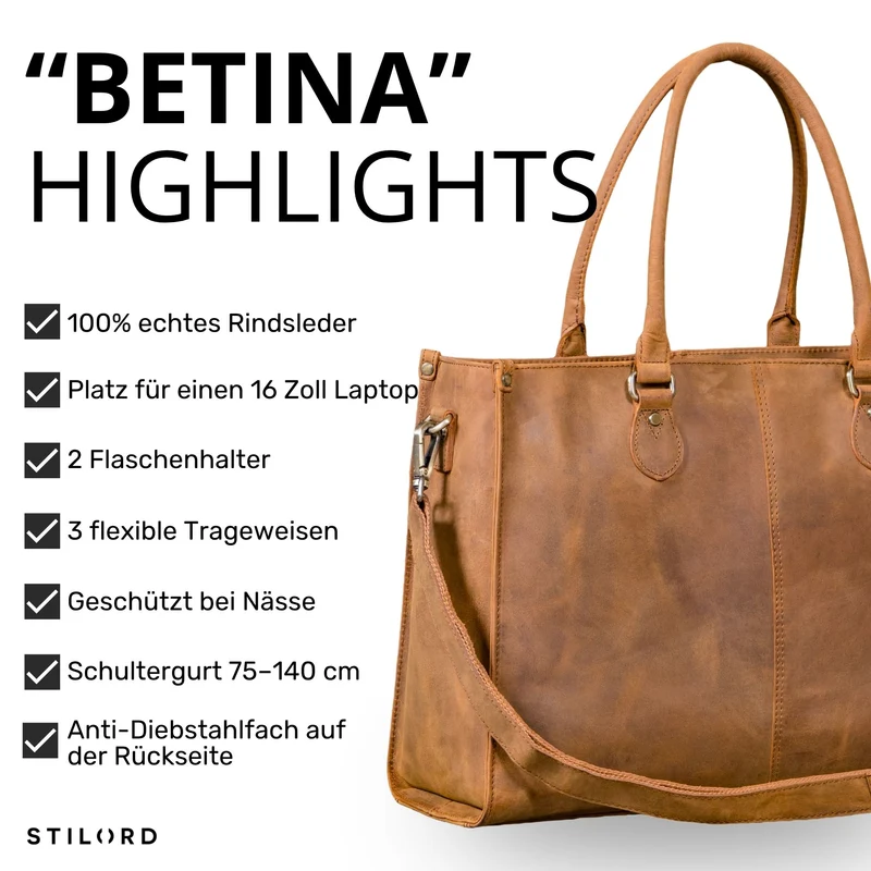 "Betina" Leder Shopper Tasche Damen Groß 15,6 - 16 Zoll Laptopfach
