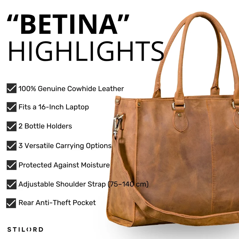 "Betina" Leder Shopper Tasche Damen Groß 15,6 - 16 Zoll Laptopfach