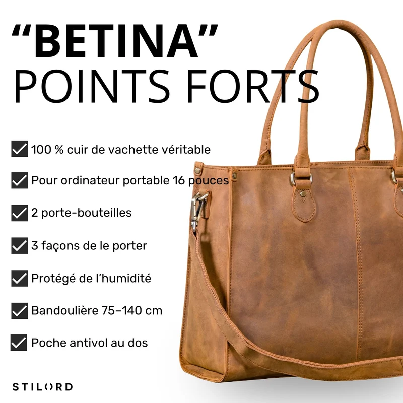 "Betina" Leder Shopper Tasche Damen Groß 15,6 - 16 Zoll Laptopfach