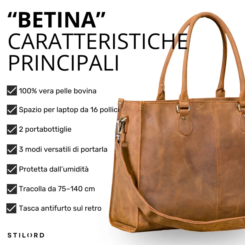 "Betina" Leder Shopper Tasche Damen Groß 15,6 - 16 Zoll Laptopfach