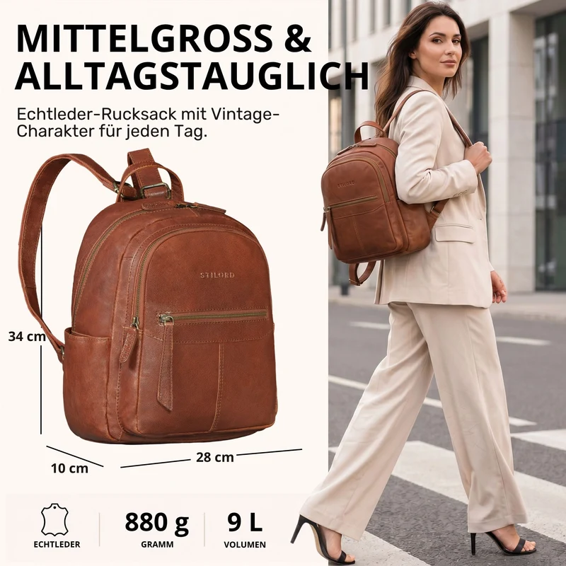 "Lisa" City Rucksack Damen Leder Mittelgroß gepolstertes Fach 13 Zoll