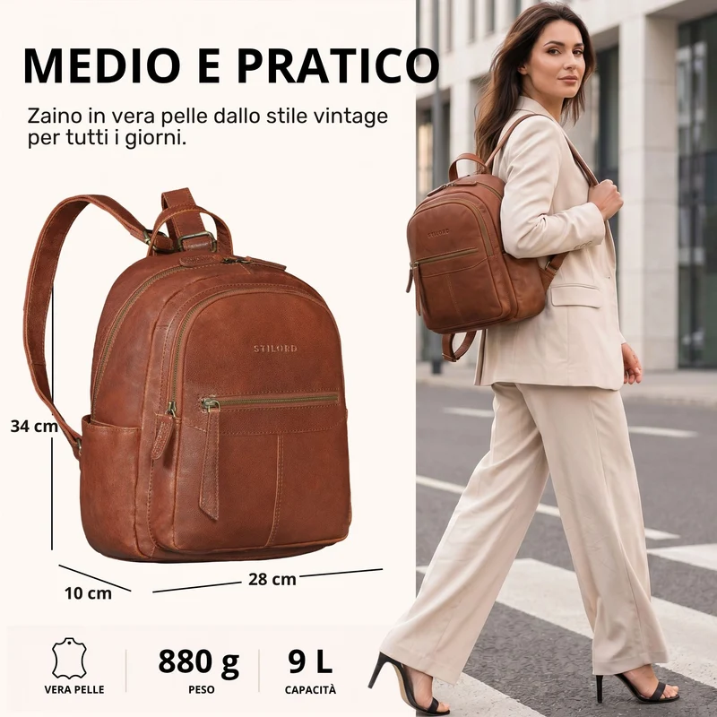 "Lisa" City Rucksack Damen Leder Mittelgroß gepolstertes Fach 13 Zoll