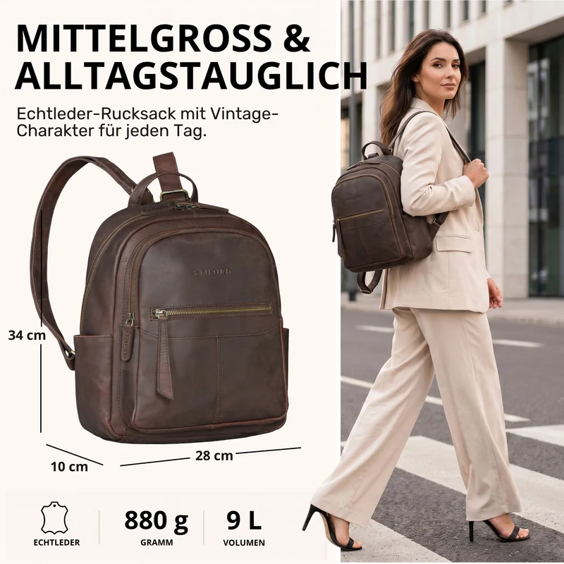 "Lisa" City Rucksack Damen Leder Mittelgroß gepolstertes Fach 13 Zoll