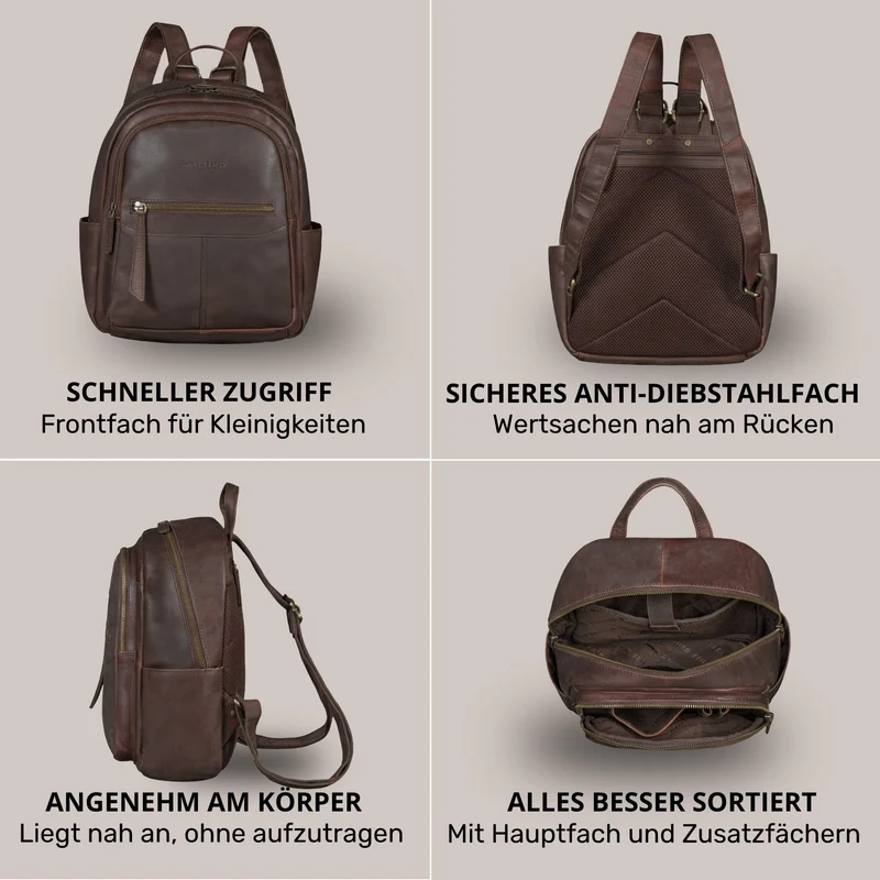 "Lisa" City Rucksack Damen Leder Mittelgroß gepolstertes Fach 13 Zoll