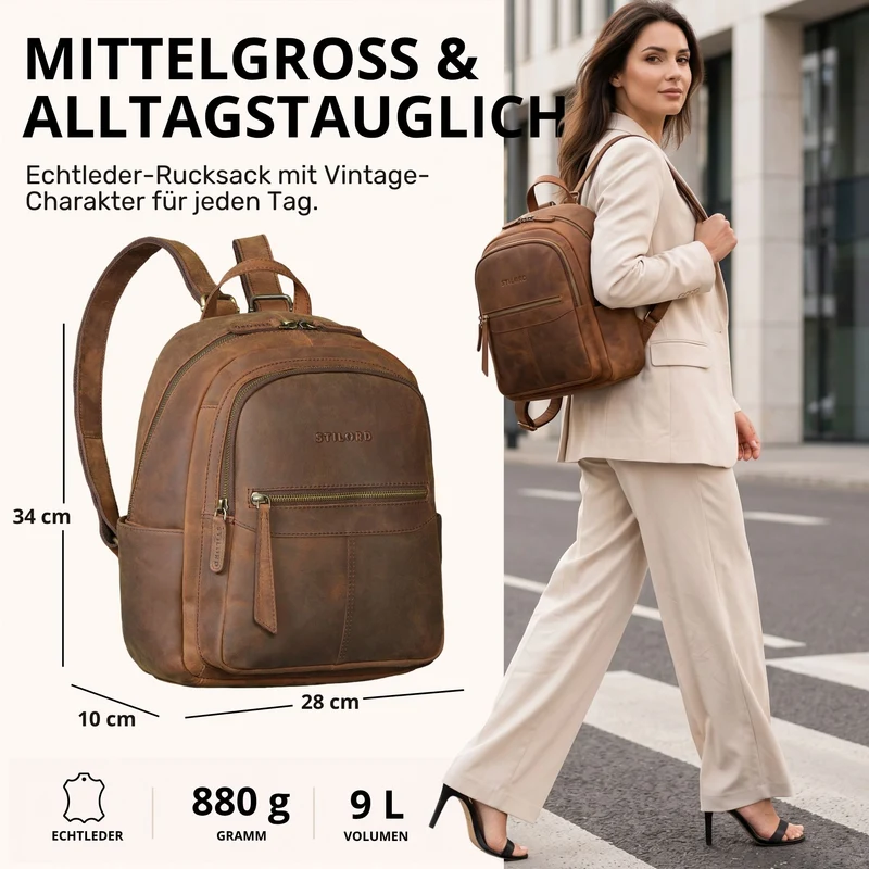 "Lisa" City Rucksack Damen Leder Mittelgroß gepolstertes Fach 13 Zoll