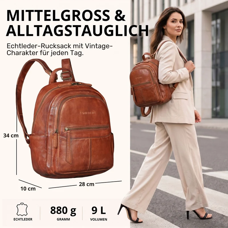 "Lisa" City Rucksack Damen Leder Mittelgroß gepolstertes Fach 13 Zoll