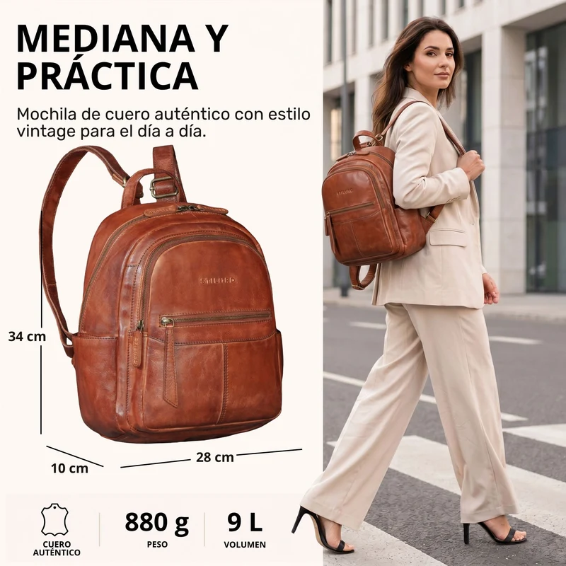 "Lisa" City Rucksack Damen Leder Mittelgroß gepolstertes Fach 13 Zoll
