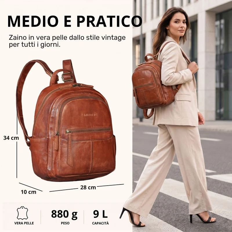 "Lisa" City Rucksack Damen Leder Mittelgroß gepolstertes Fach 13 Zoll