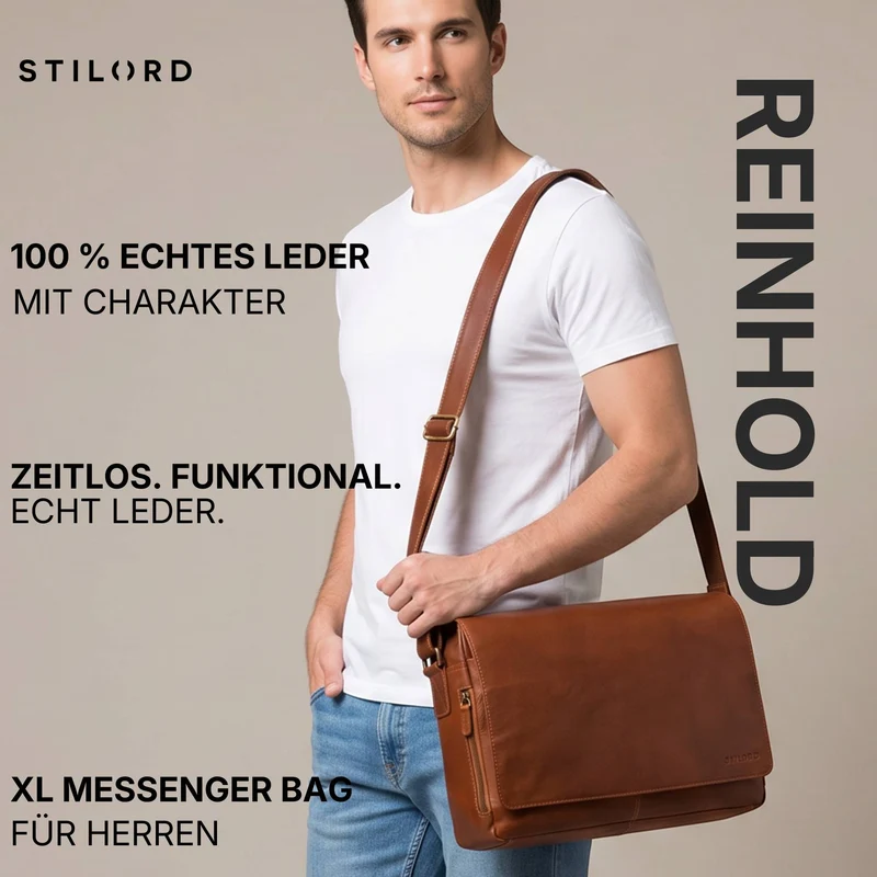 "Reinhold" Vintage Messenger Bag Herren Leder für 15.6-16 Zoll Laptop