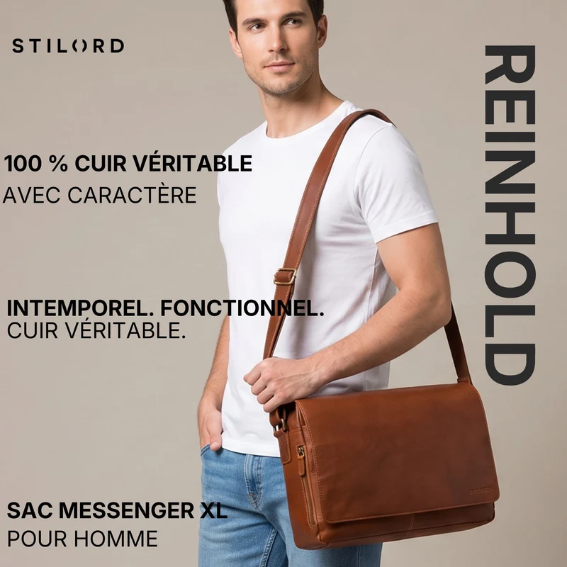 "Reinhold" Vintage Messenger Bag Herren Leder für 15.6-16 Zoll Laptop