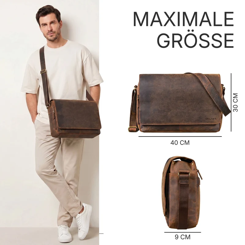 "Reinhold" Vintage Messenger Bag Herren Leder für 15.6-16 Zoll Laptop