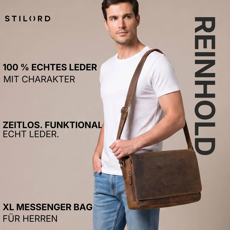 "Reinhold" Vintage Messenger Bag Herren Leder für 15.6-16 Zoll Laptop