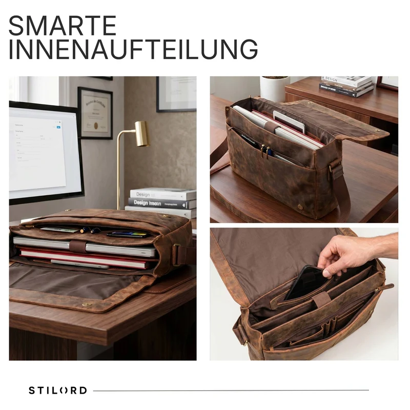 "Reinhold" Vintage Messenger Bag Herren Leder für 15.6-16 Zoll Laptop