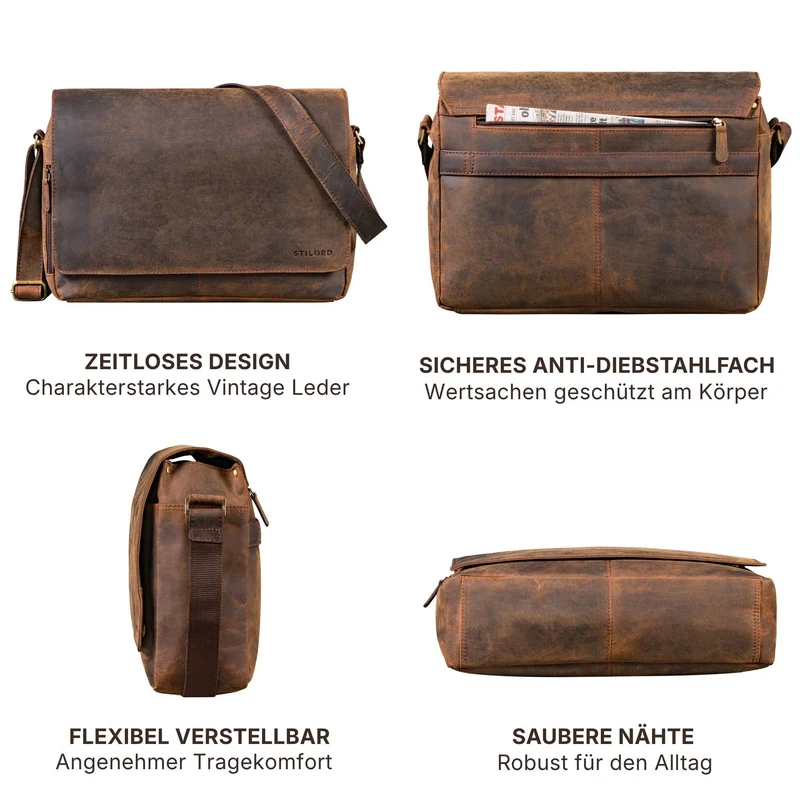 "Reinhold" Vintage Messenger Bag Herren Leder für 15.6-16 Zoll Laptop