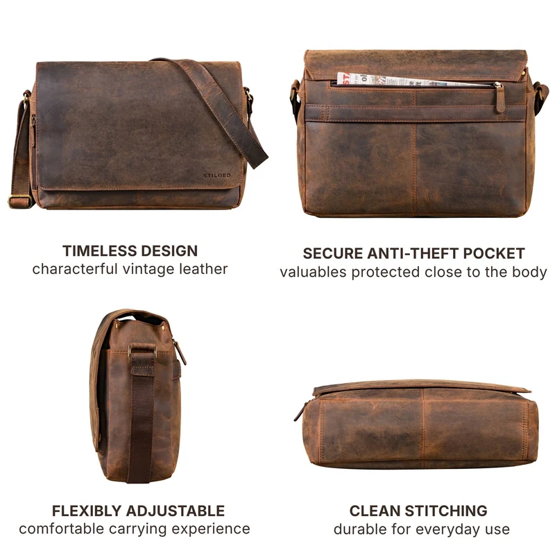 "Reinhold" Vintage Messenger Bag Herren Leder für 15.6-16 Zoll Laptop
