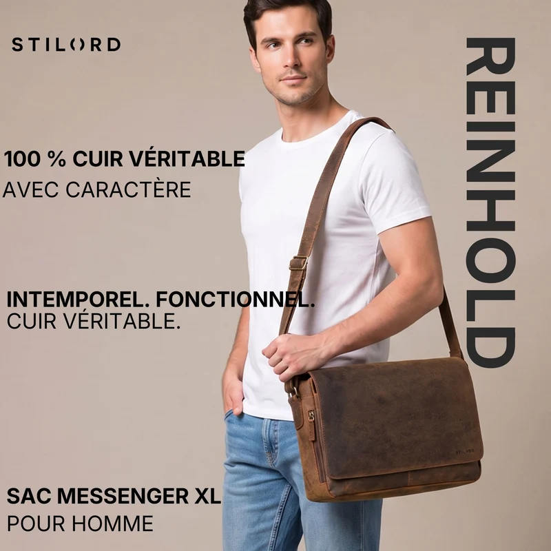 "Reinhold" Vintage Messenger Bag Herren Leder für 15.6-16 Zoll Laptop