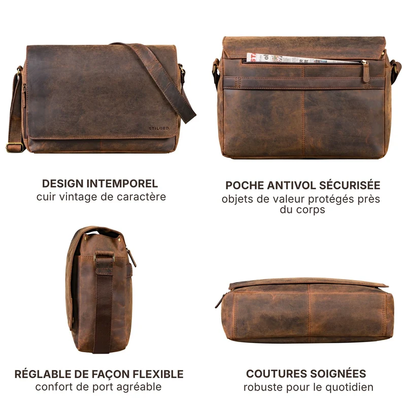 "Reinhold" Vintage Messenger Bag Herren Leder für 15.6-16 Zoll Laptop