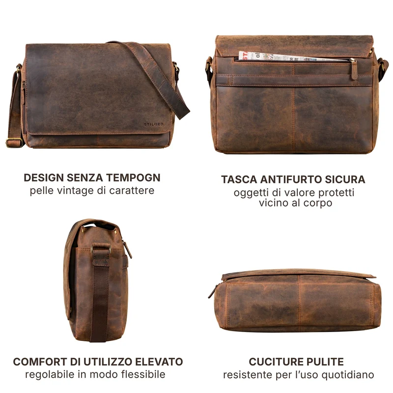 "Reinhold" Vintage Messenger Bag Herren Leder für 15.6-16 Zoll Laptop