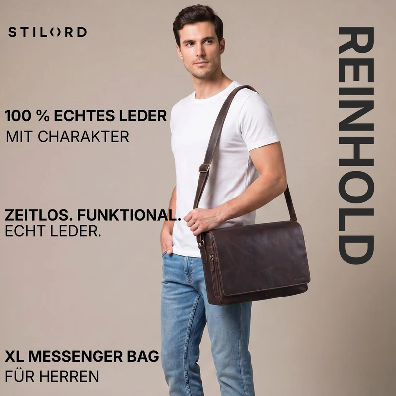 "Reinhold" Vintage Messenger Bag Herren Leder für 15.6-16 Zoll Laptop