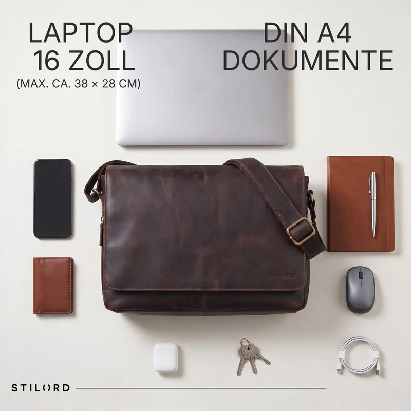 "Reinhold" Vintage Messenger Bag Herren Leder für 15.6-16 Zoll Laptop