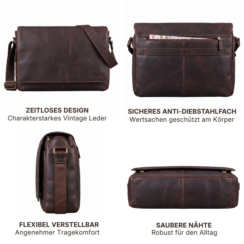 "Reinhold" Vintage Messenger Bag Herren Leder für 15.6-16 Zoll Laptop