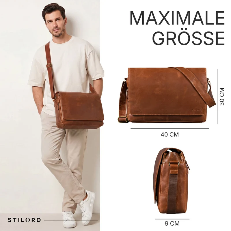 "Reinhold" Vintage Messenger Bag Herren Leder für 15.6-16 Zoll Laptop