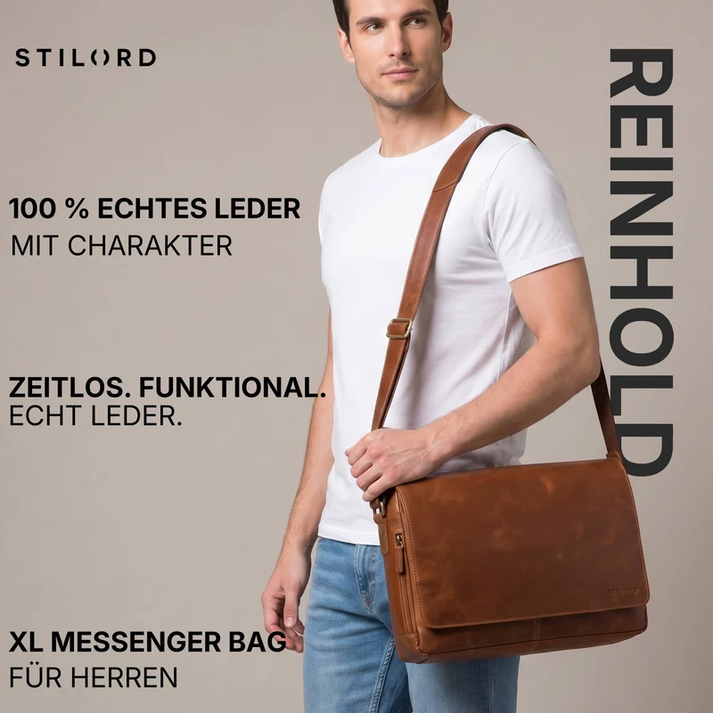 "Reinhold" Vintage Messenger Bag Herren Leder für 15.6-16 Zoll Laptop