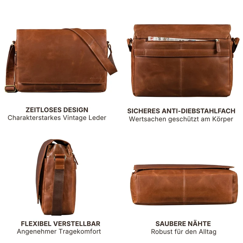 "Reinhold" Vintage Messenger Bag Herren Leder für 15.6-16 Zoll Laptop