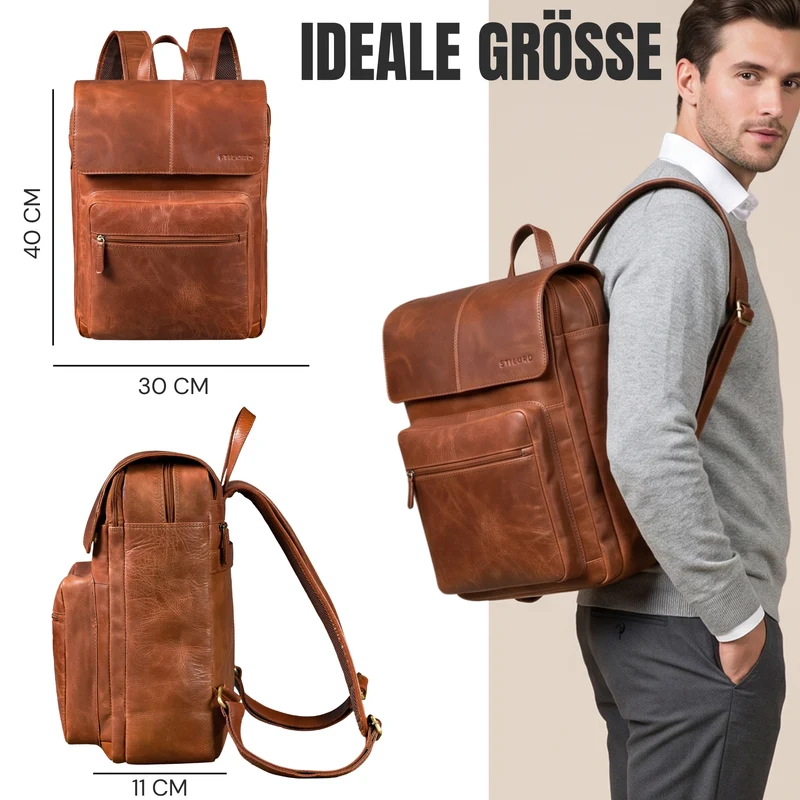"Sangro" Rucksack Herren Leder Laptoprucksack 15,6-16 Zoll mit 2 Laptopfächern