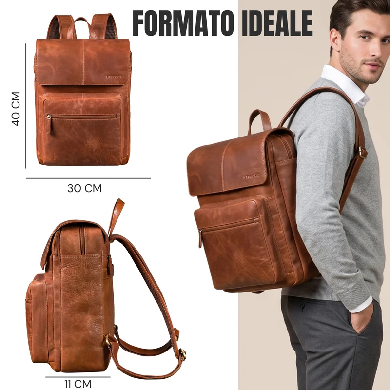 "Sangro" Rucksack Herren Leder Laptoprucksack 15,6-16 Zoll mit 2 Laptopfächern