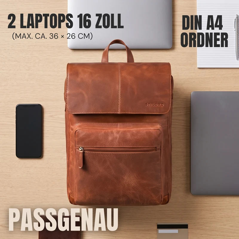 "Sangro" Rucksack Herren Leder Laptoprucksack 15,6-16 Zoll mit 2 Laptopfächern