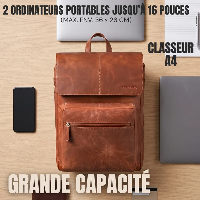"Sangro" Rucksack Herren Leder Laptoprucksack 15,6-16 Zoll mit 2 Laptopfächern