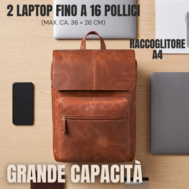"Sangro" Rucksack Herren Leder Laptoprucksack 15,6-16 Zoll mit 2 Laptopfächern
