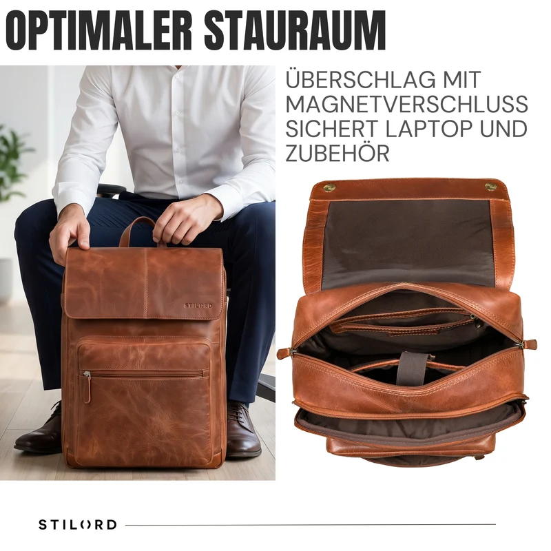 "Sangro" Rucksack Herren Leder Laptoprucksack 15,6-16 Zoll mit 2 Laptopfächern