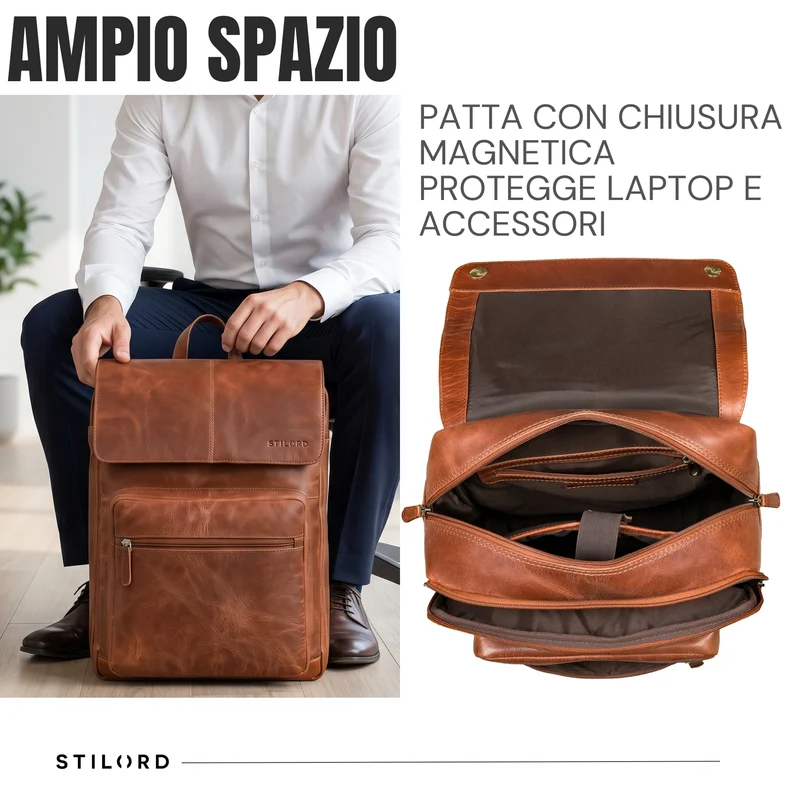 "Sangro" Rucksack Herren Leder Laptoprucksack 15,6-16 Zoll mit 2 Laptopfächern