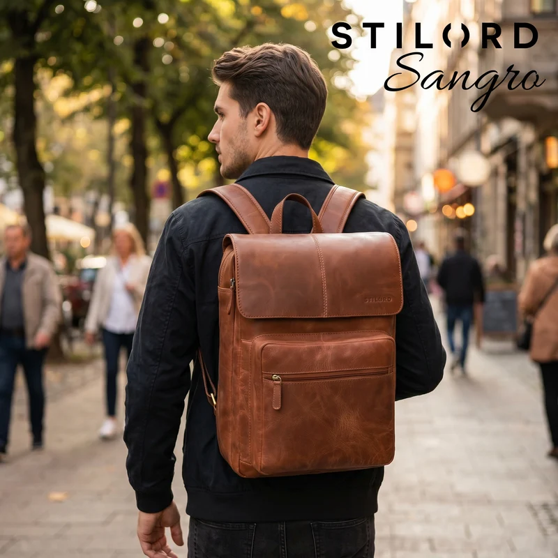 "Sangro" Rucksack Herren Leder Laptoprucksack 15,6-16 Zoll mit 2 Laptopfächern