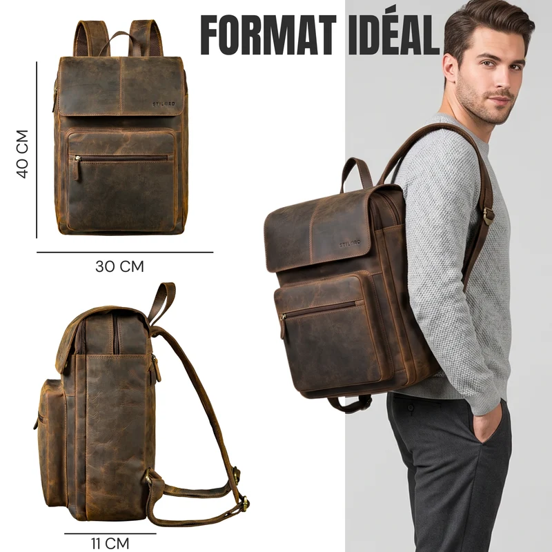 "Sangro" Rucksack Herren Leder Laptoprucksack 15,6-16 Zoll mit 2 Laptopfächern