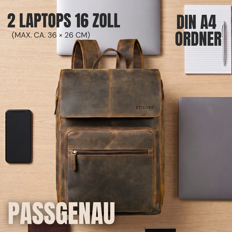 "Sangro" Rucksack Herren Leder Laptoprucksack 15,6-16 Zoll mit 2 Laptopfächern