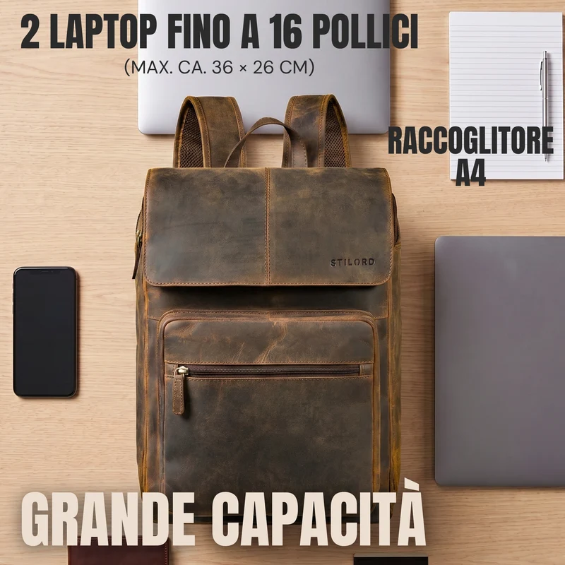 "Sangro" Rucksack Herren Leder Laptoprucksack 15,6-16 Zoll mit 2 Laptopfächern