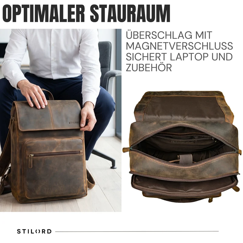 "Sangro" Rucksack Herren Leder Laptoprucksack 15,6-16 Zoll mit 2 Laptopfächern