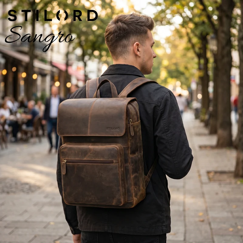 "Sangro" Rucksack Herren Leder Laptoprucksack 15,6-16 Zoll mit 2 Laptopfächern